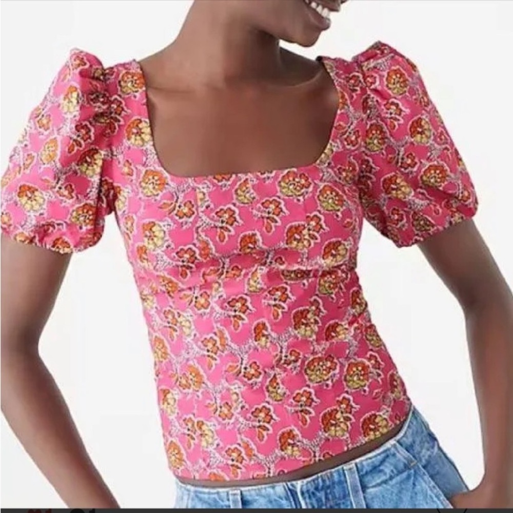 J. Crew Pink Floral Square-Neck Puff-Sleeve Blouse